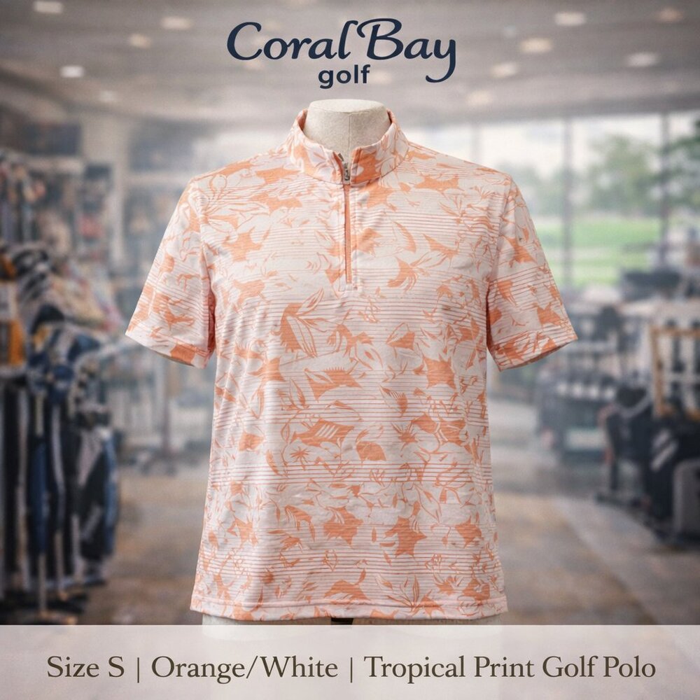 Coral Bay Golf Orange/White Tropical Print Zip Up Short Sleeve Polo- S